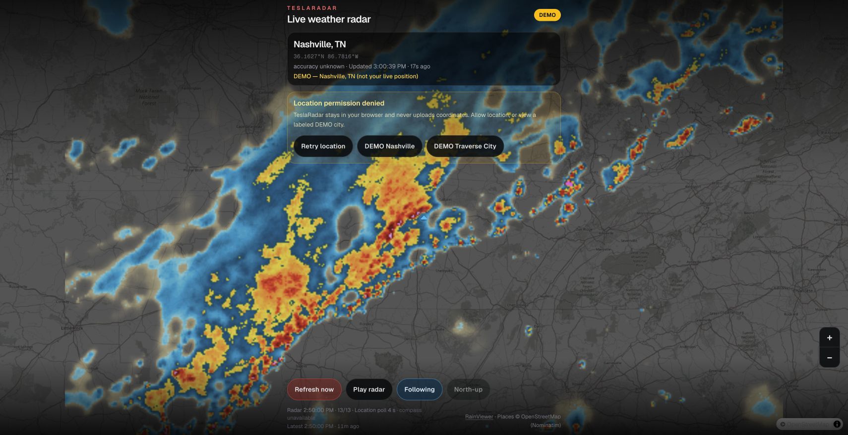 TeslaRadar's live weather-radar map and location controls in the labeled Nashville demo